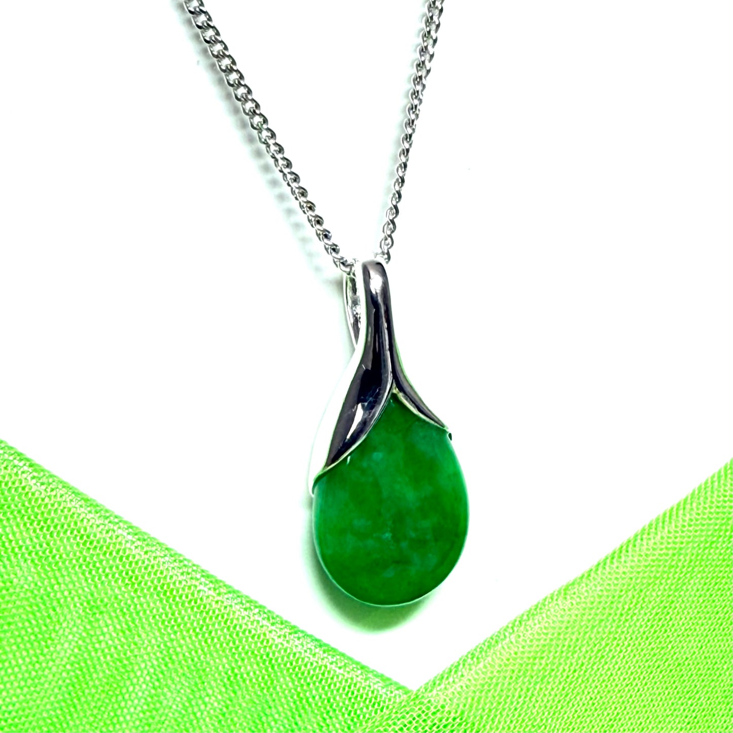 Real green jade necklace tear drop shape sterling silver pear shaped pendant