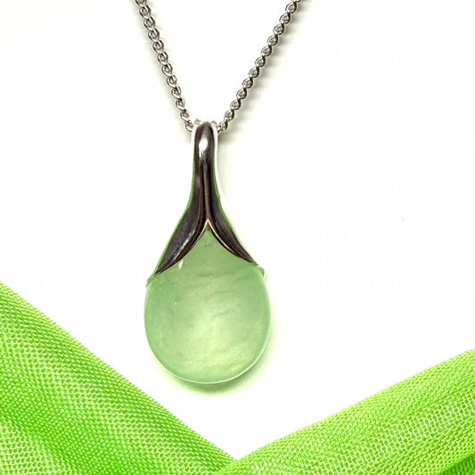Real green jade necklace tear drop shaped pendant sterling silver