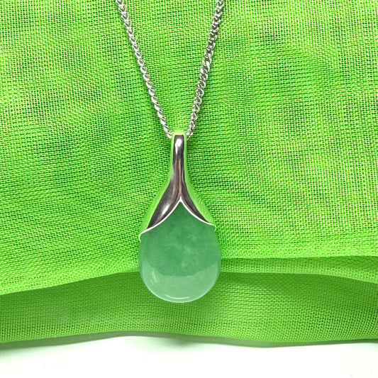 Real green jade necklace tear drop sterling silver pear shaped, a timeless designed pendant