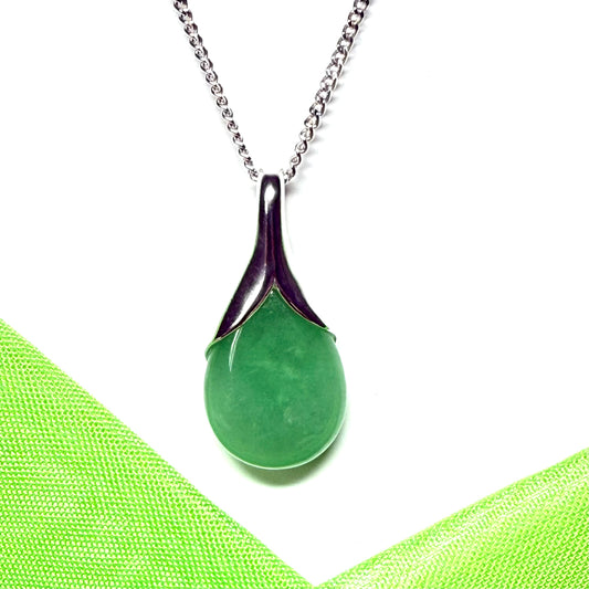 Real green jade necklace tear drop sterling silver pear shaped, a timeless designed pendant