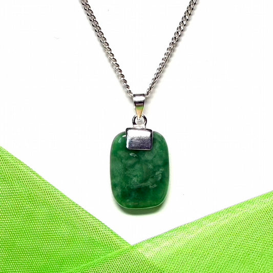 Real green jade necklace with a cushion shaped stone sterling silver including chain