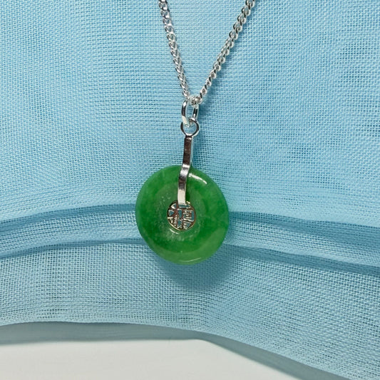 Real green jade necklace with a round pendant sterling silver with chain