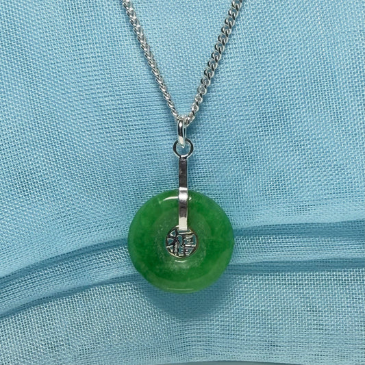 Real green jade necklace with a round pendant sterling silver with chain