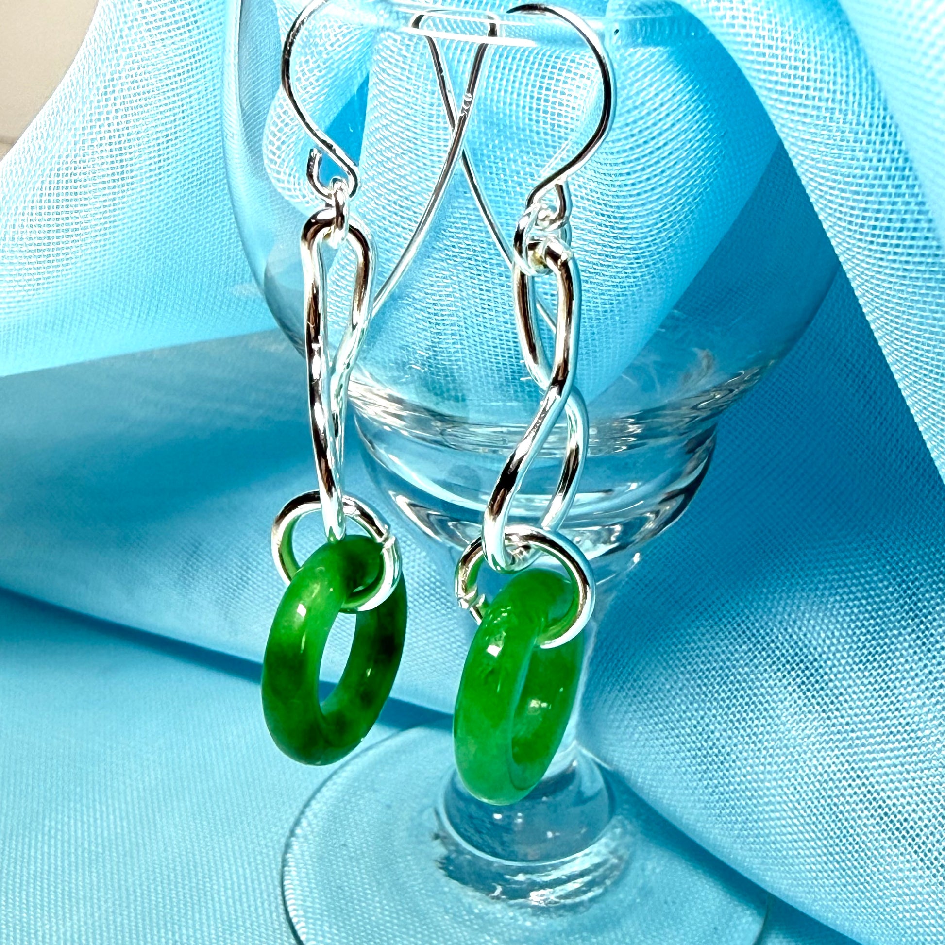 Real green jade sterling silver round drop earrings