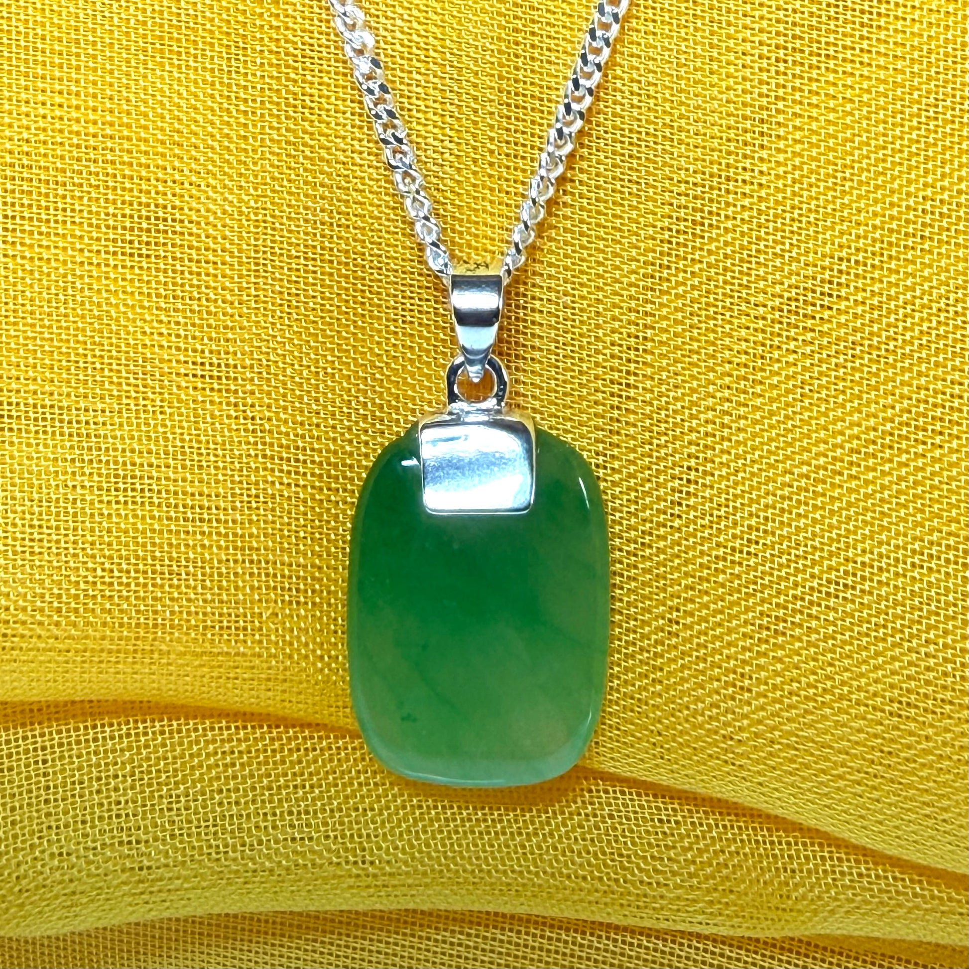 Real green jade pendant necklace cushion shaped silver with a solid chain included, stunning gorgeous