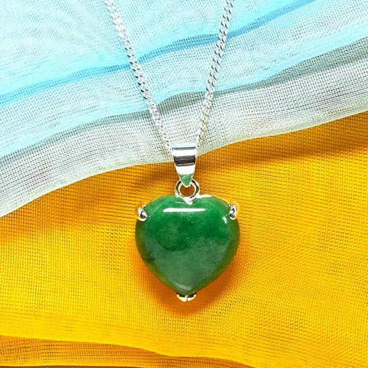 A real green jade pendant heart shaped sterling silver, a gorgeous design necklace with chain