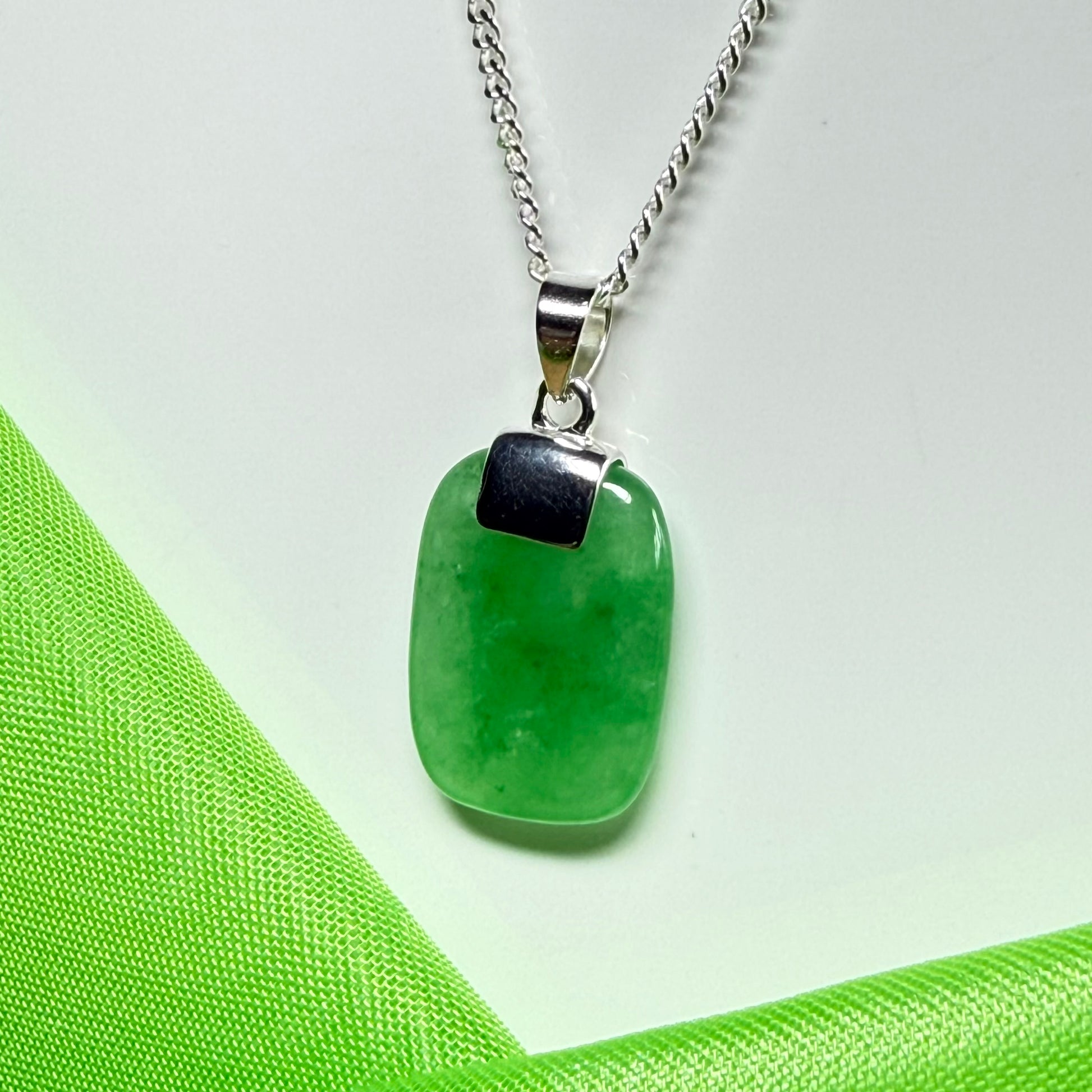 Real green jade pendant necklace cushion shaped silver with a chain