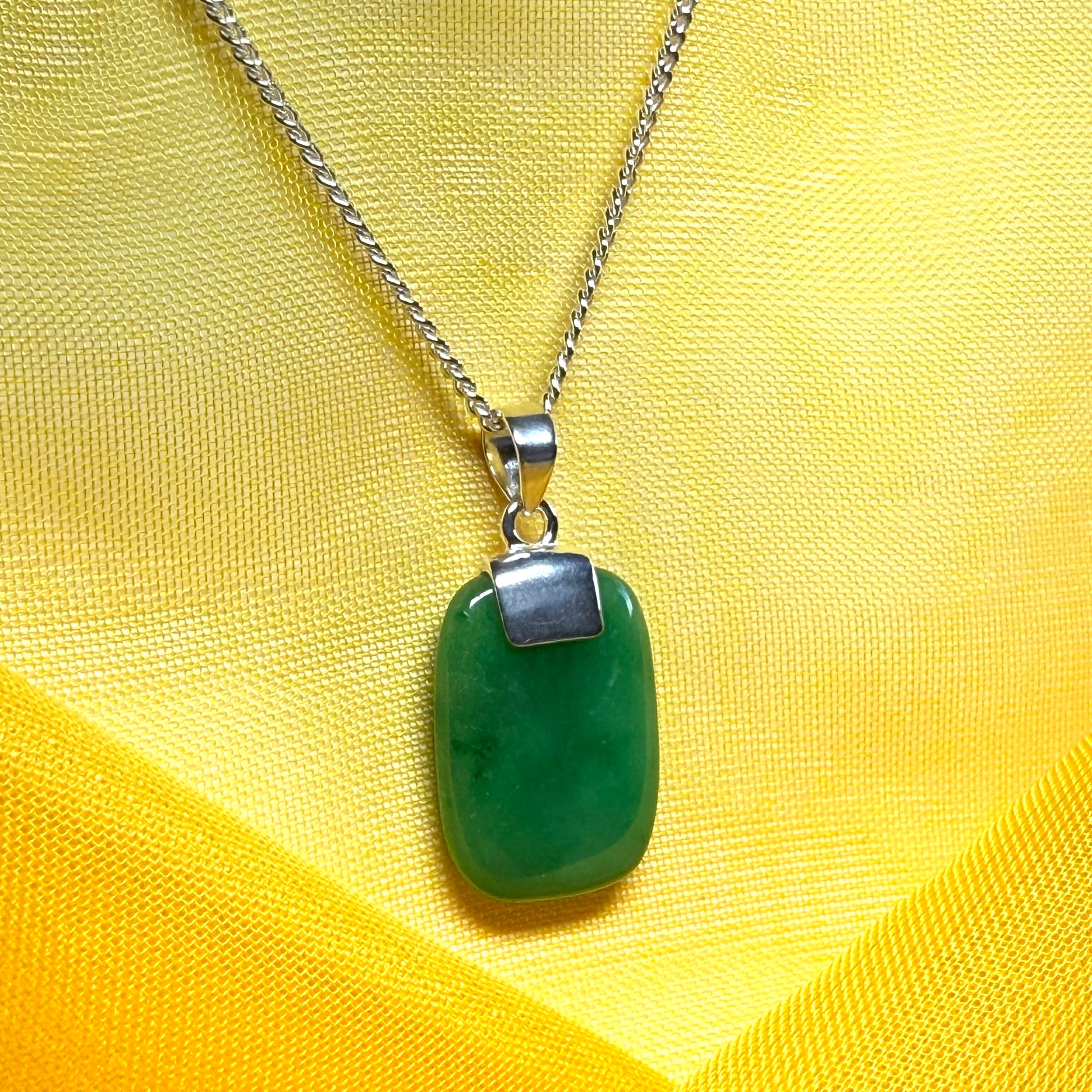 Real green jade pendant necklace cushion shaped silver with a solid chain included