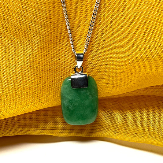 Real green jade pendant necklace cushion shaped silver with a solid chain included