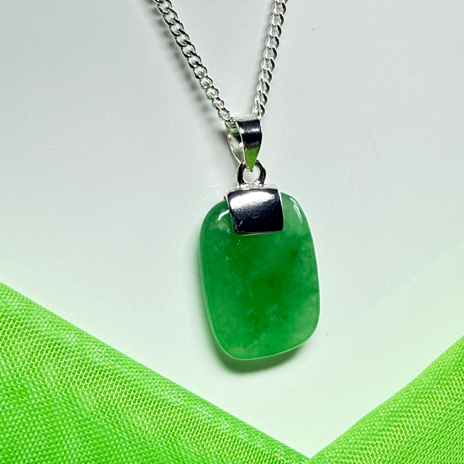 Real green jade pendant necklace cushion shaped silver with a chain