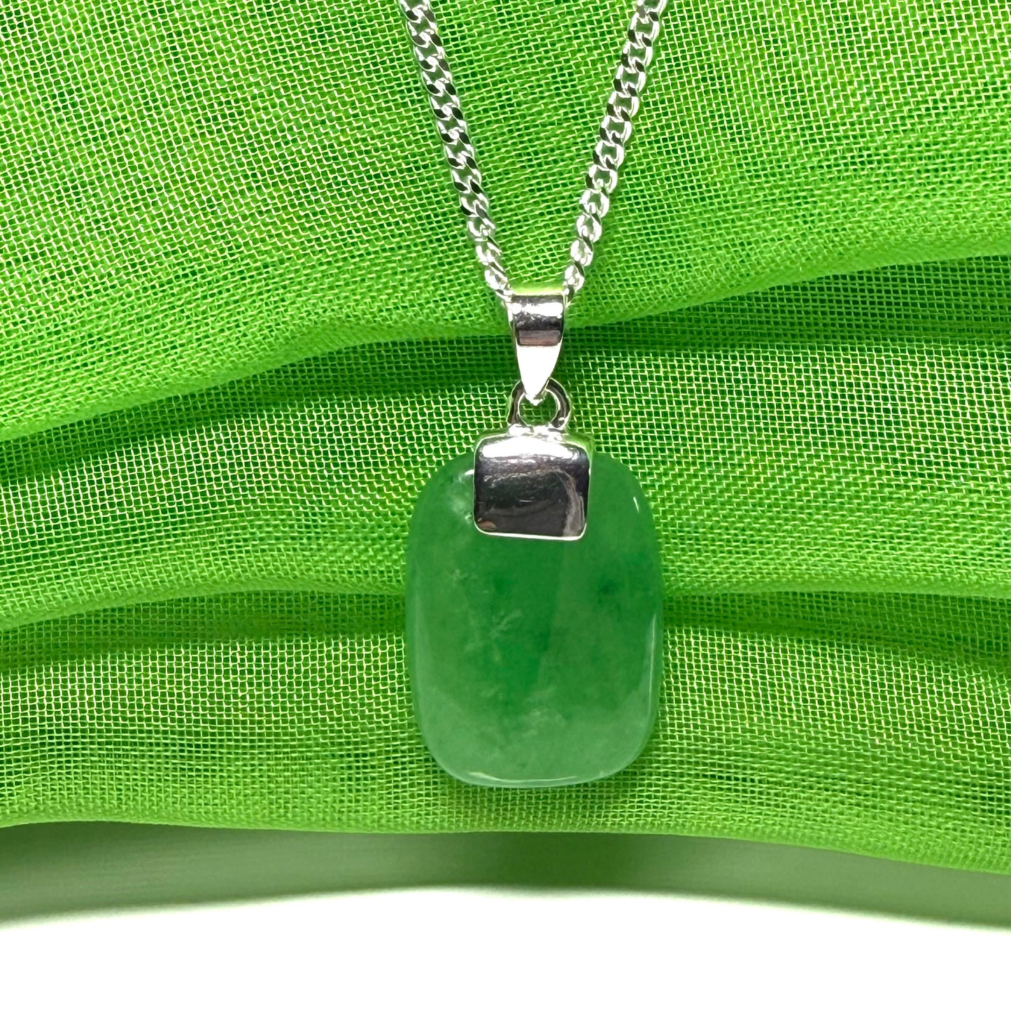 Real green jade pendant necklace cushion shaped silver with a chain