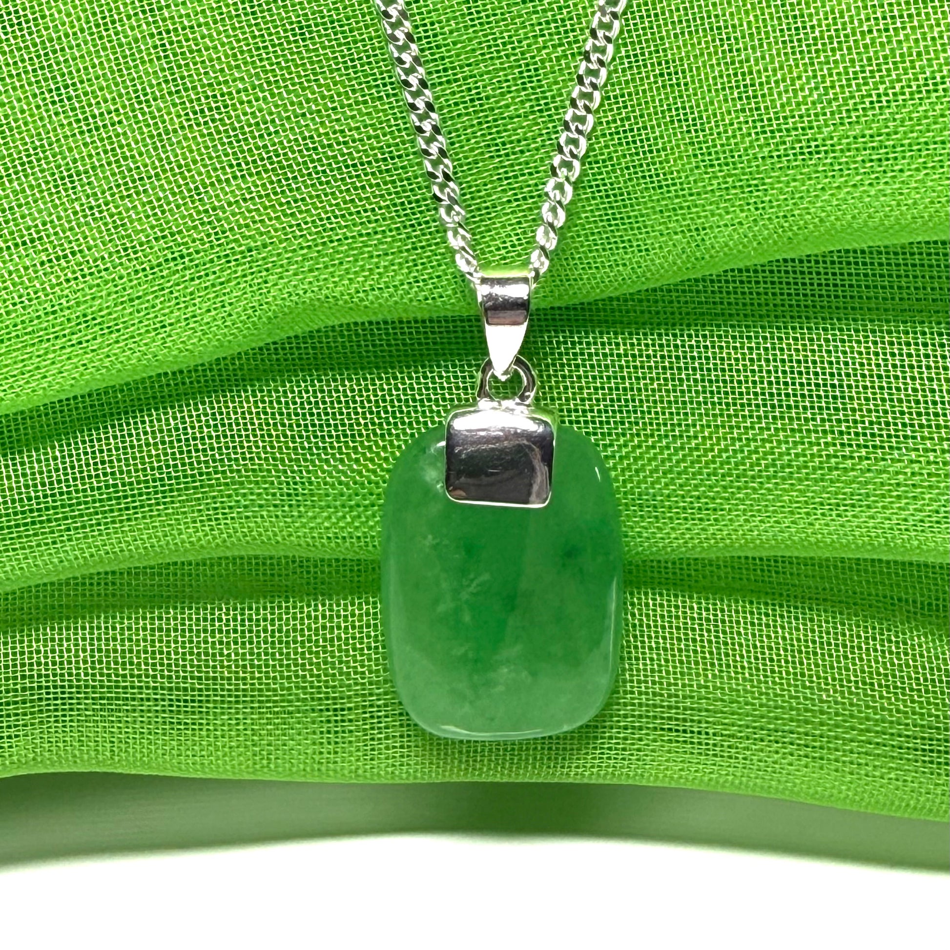 Real green jade pendant necklace cushion shaped silver with a chain