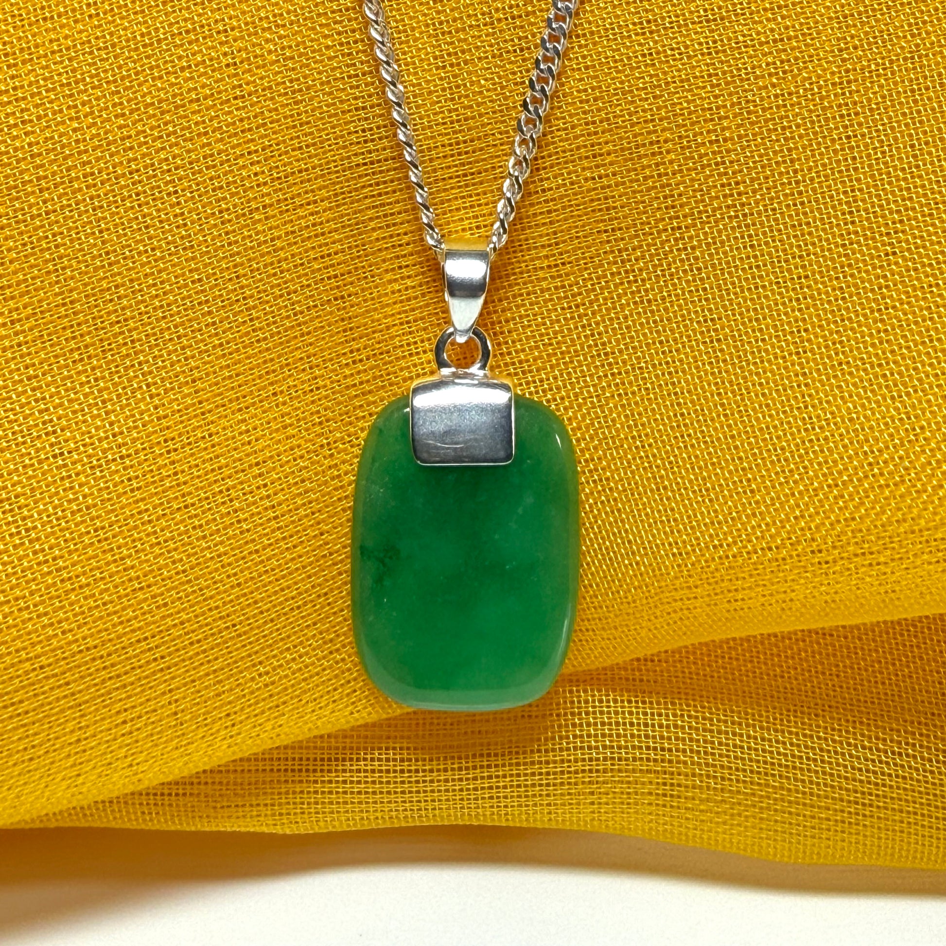 Real green jade pendant necklace cushion shaped silver with a solid chain included