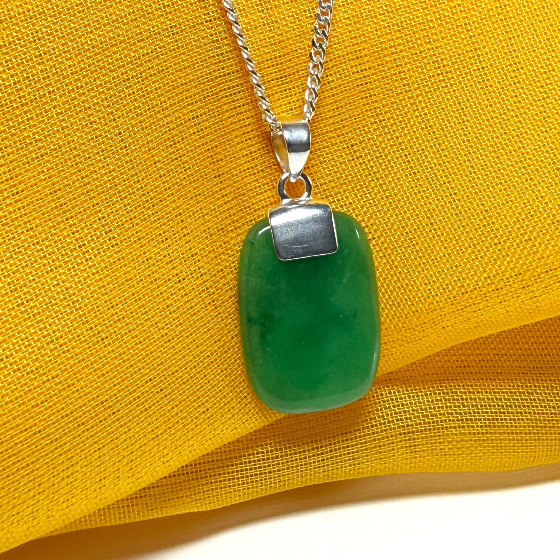 Real green jade pendant necklace cushion shaped silver with a solid chain included