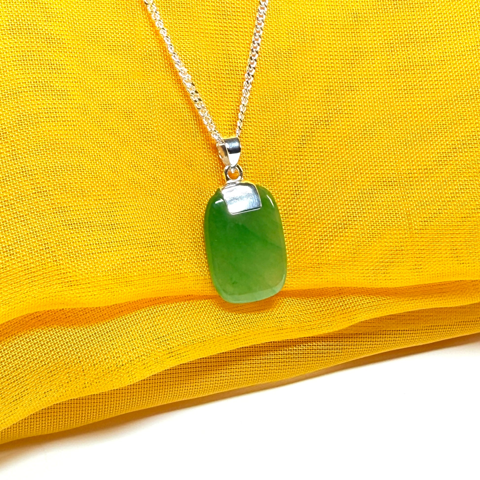 Real green jade pendant necklace cushion shaped silver with a solid chain included, stunning gorgeous