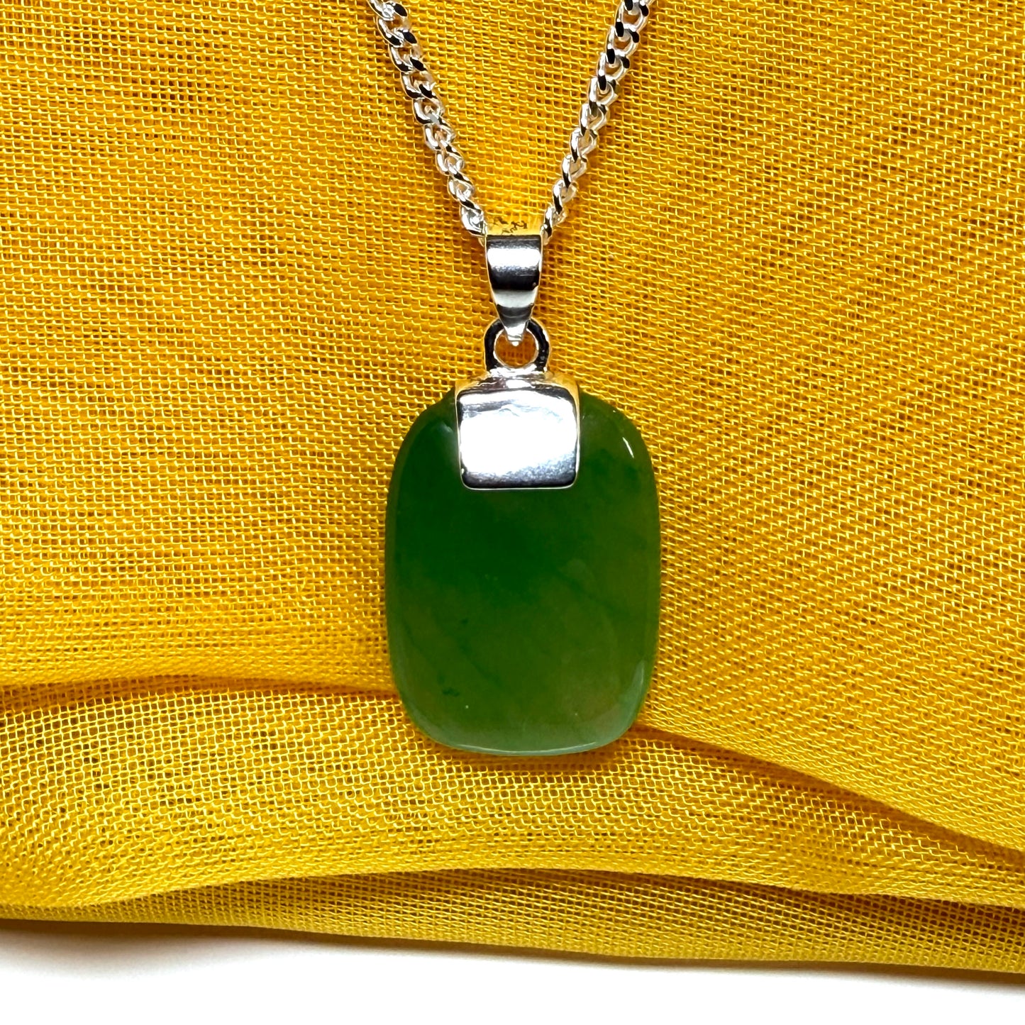 Real green jade pendant necklace cushion shaped silver with a solid chain included, stunning gorgeous