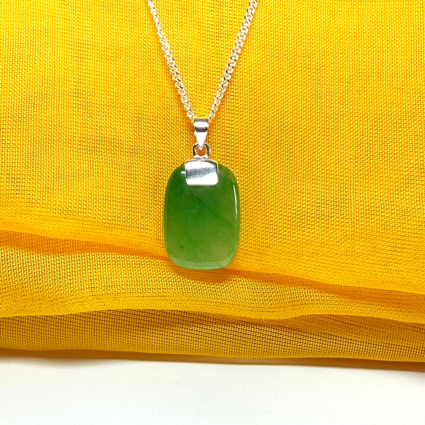 Real green jade pendant necklace cushion shaped silver with a solid chain included, stunning gorgeous