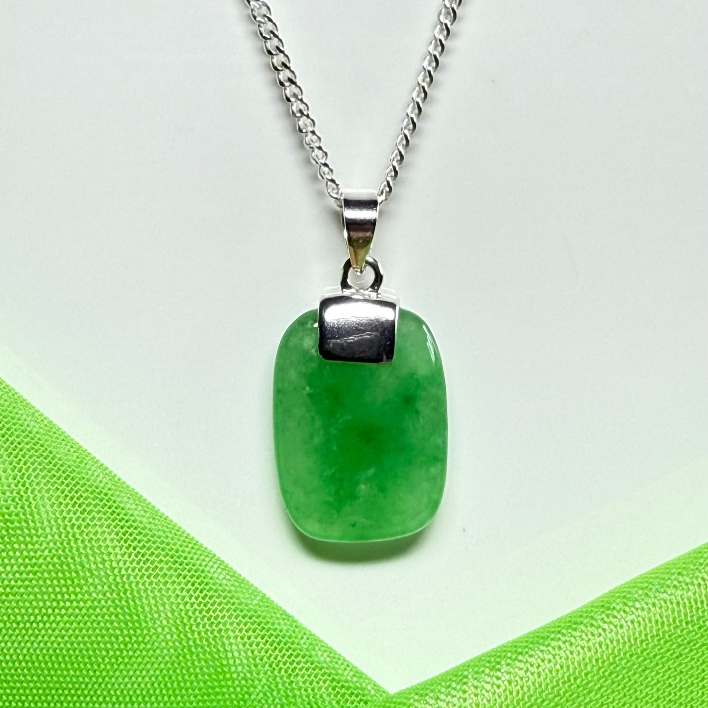 Real green jade pendant necklace cushion shaped silver with a chain