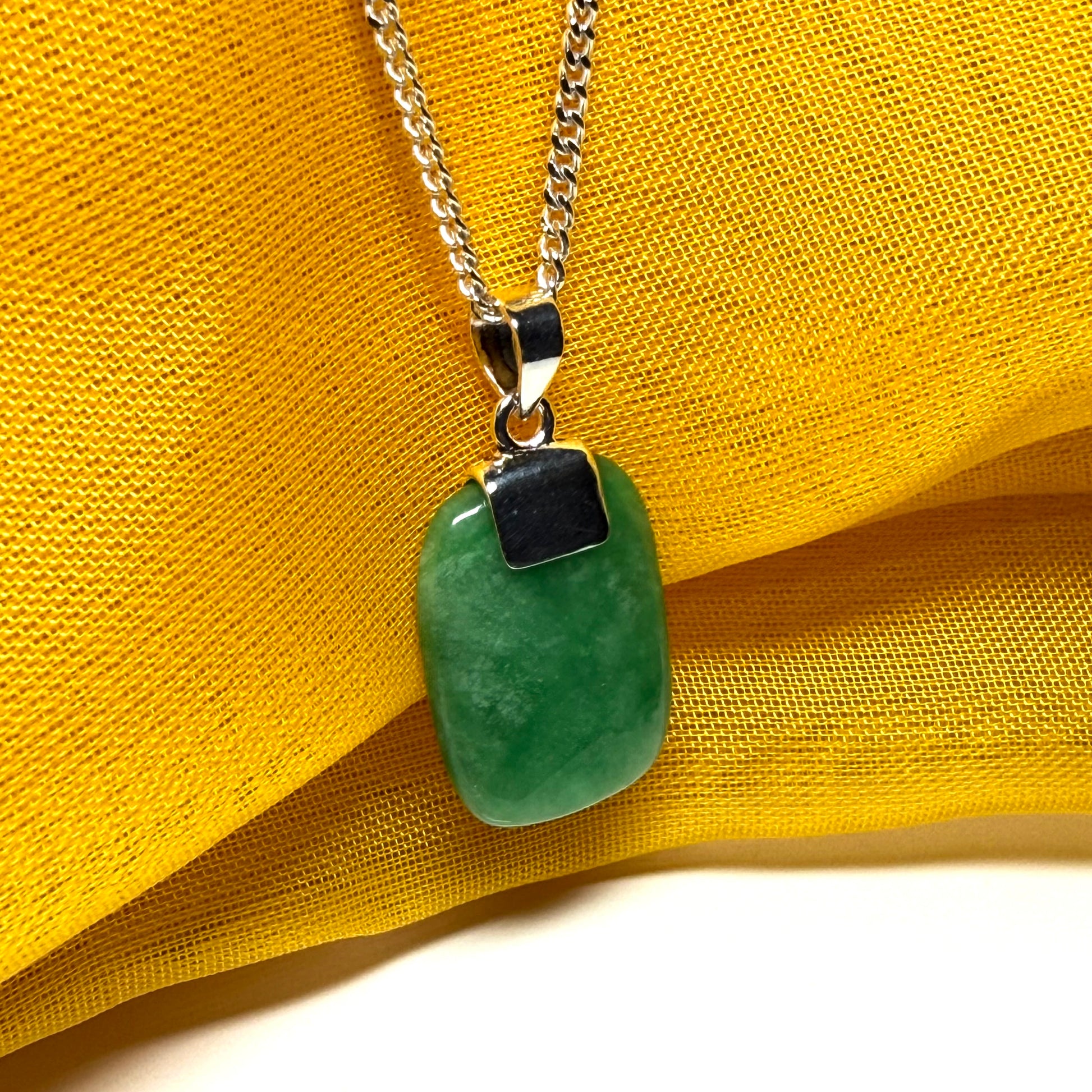 Real green jade pendant necklace cushion shaped silver with a solid chain included