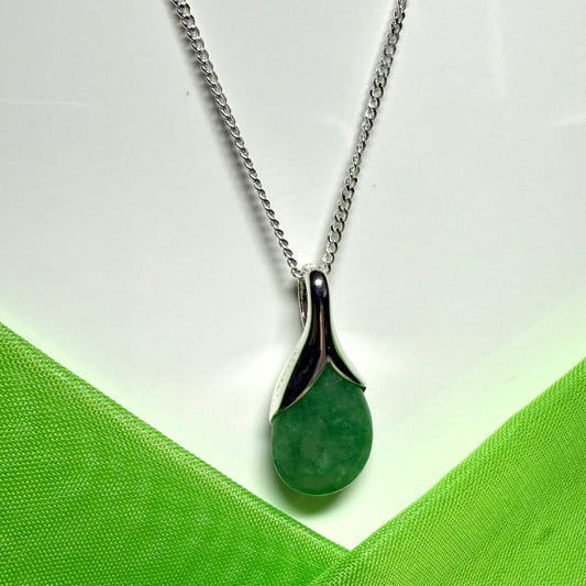 Real green jade pendant teardrop sterling silver pear shaped necklace