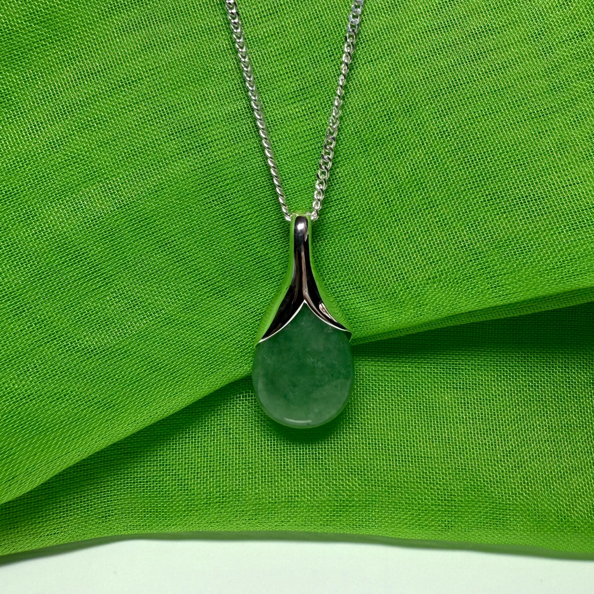 Real green jade pendant teardrop sterling silver pear shaped necklace