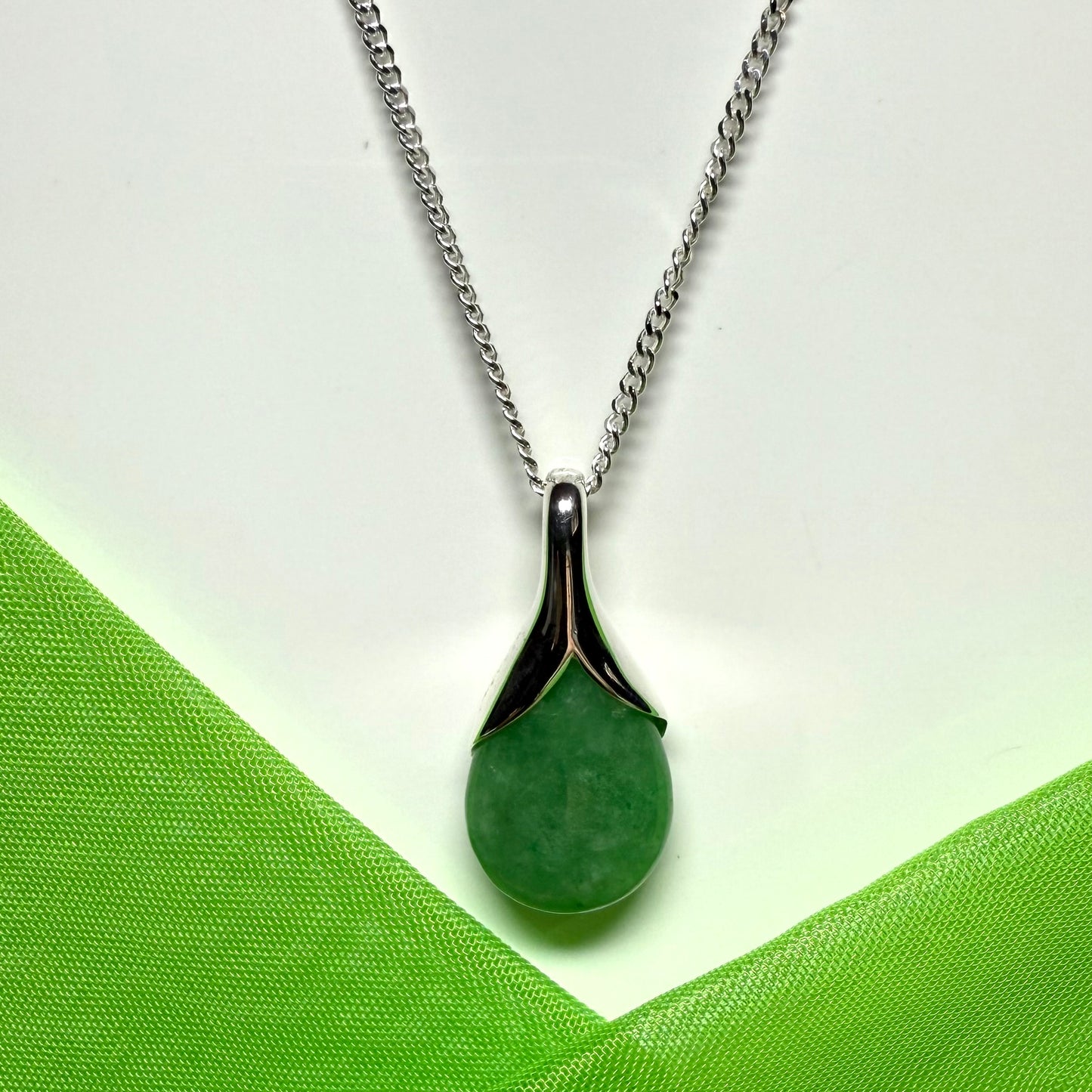 Real green jade pendant teardrop sterling silver pear shaped necklace