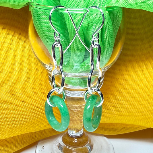 Real green jade sterling silver looped dangling dropped earrings, round in shape