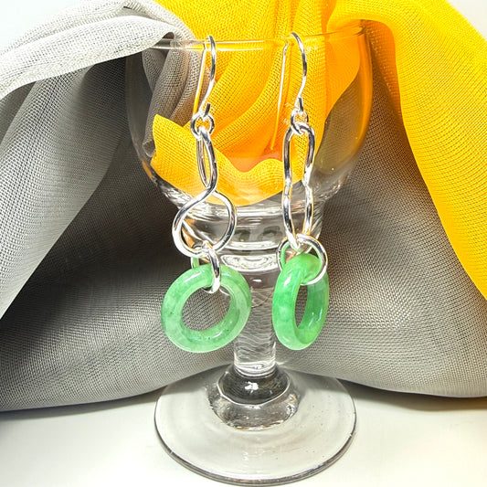 Real green jade sterling silver looped dangling dropped earrings, rounded shape