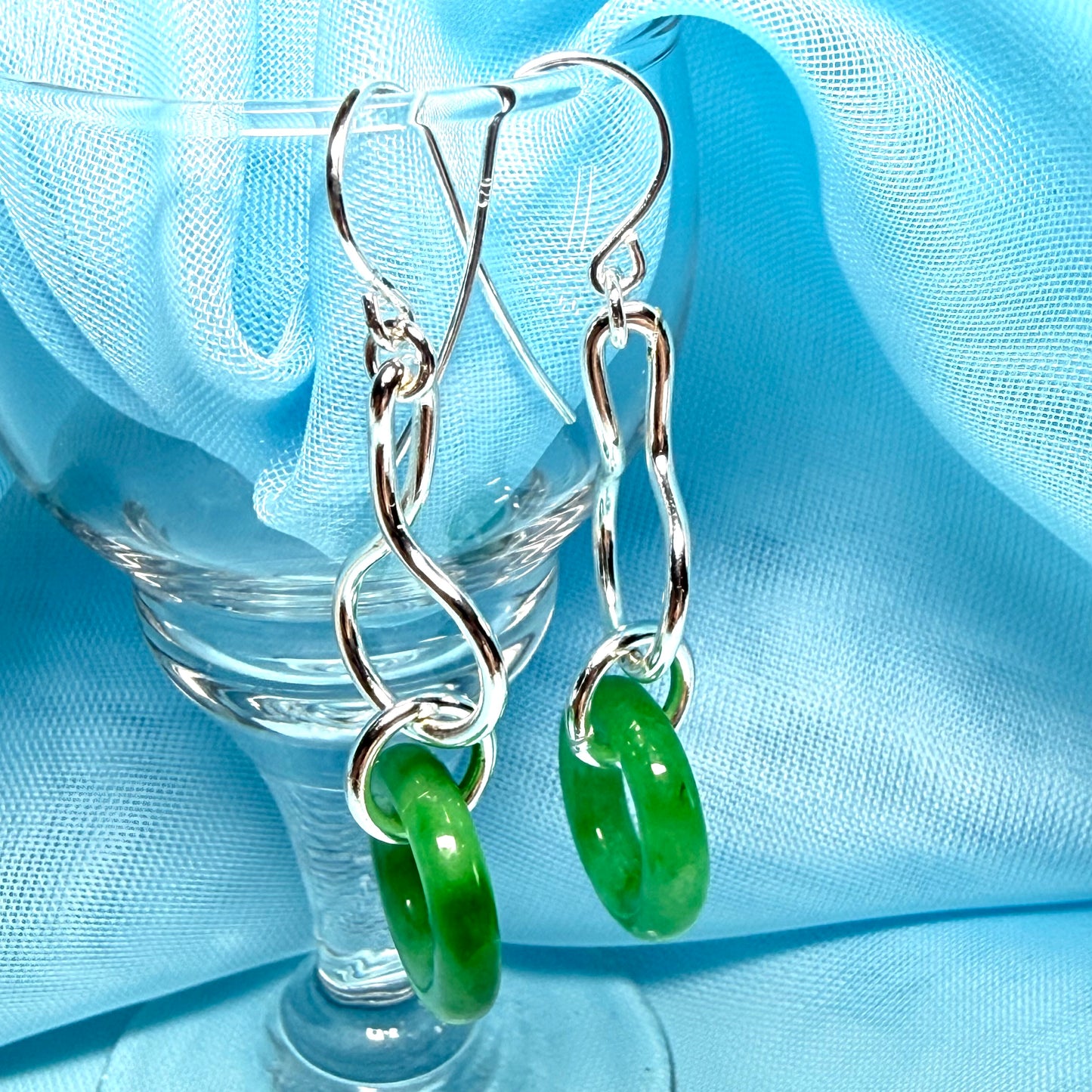 Real green jade sterling silver round drop earrings