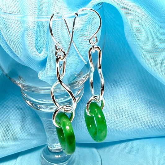 Real green jade sterling silver round drop earrings