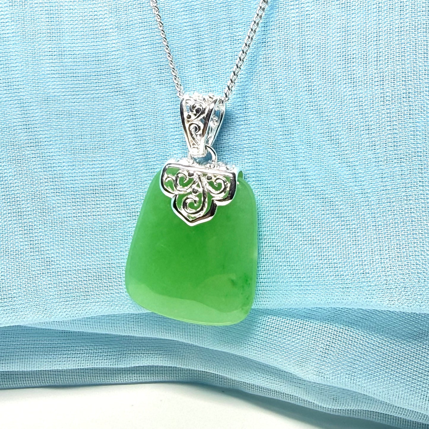 Real green jade stone, large cushion shaped necklace, a truly stunning pendant