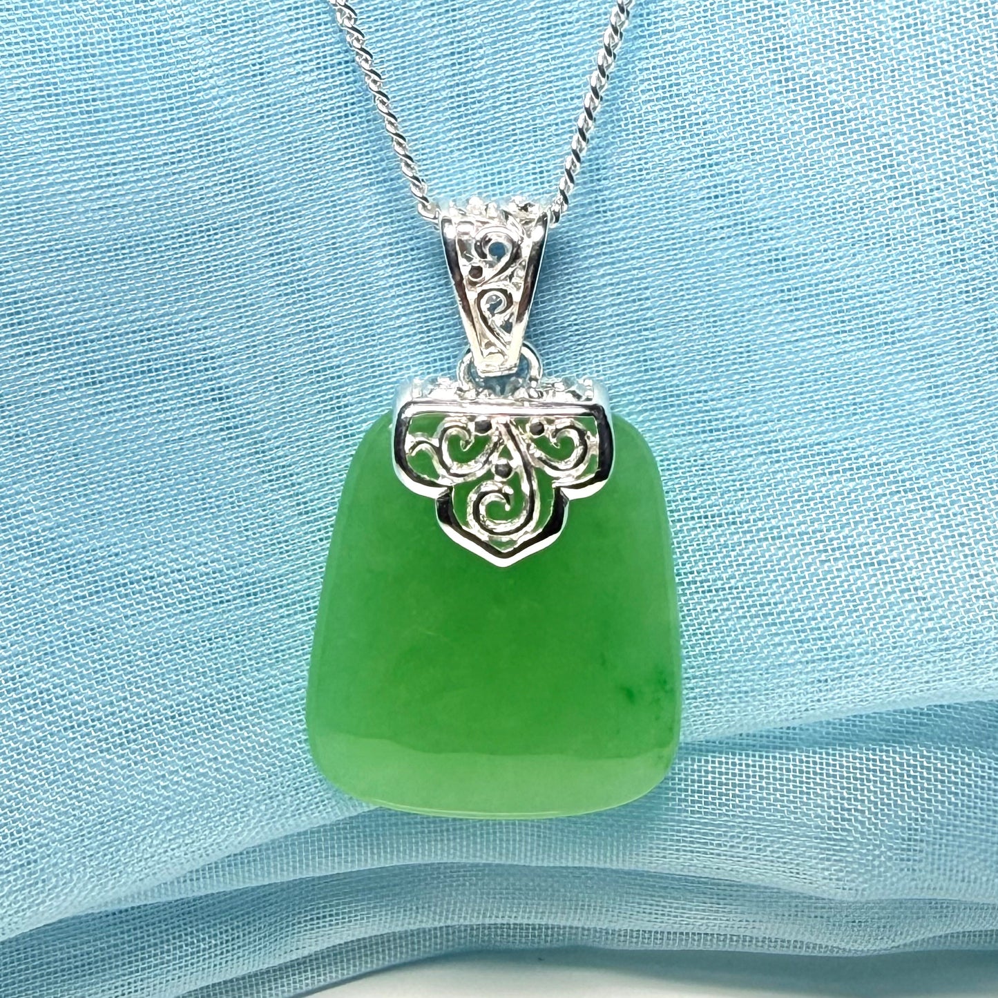 Real green jade stone, large cushion shaped necklace, a truly stunning pendant