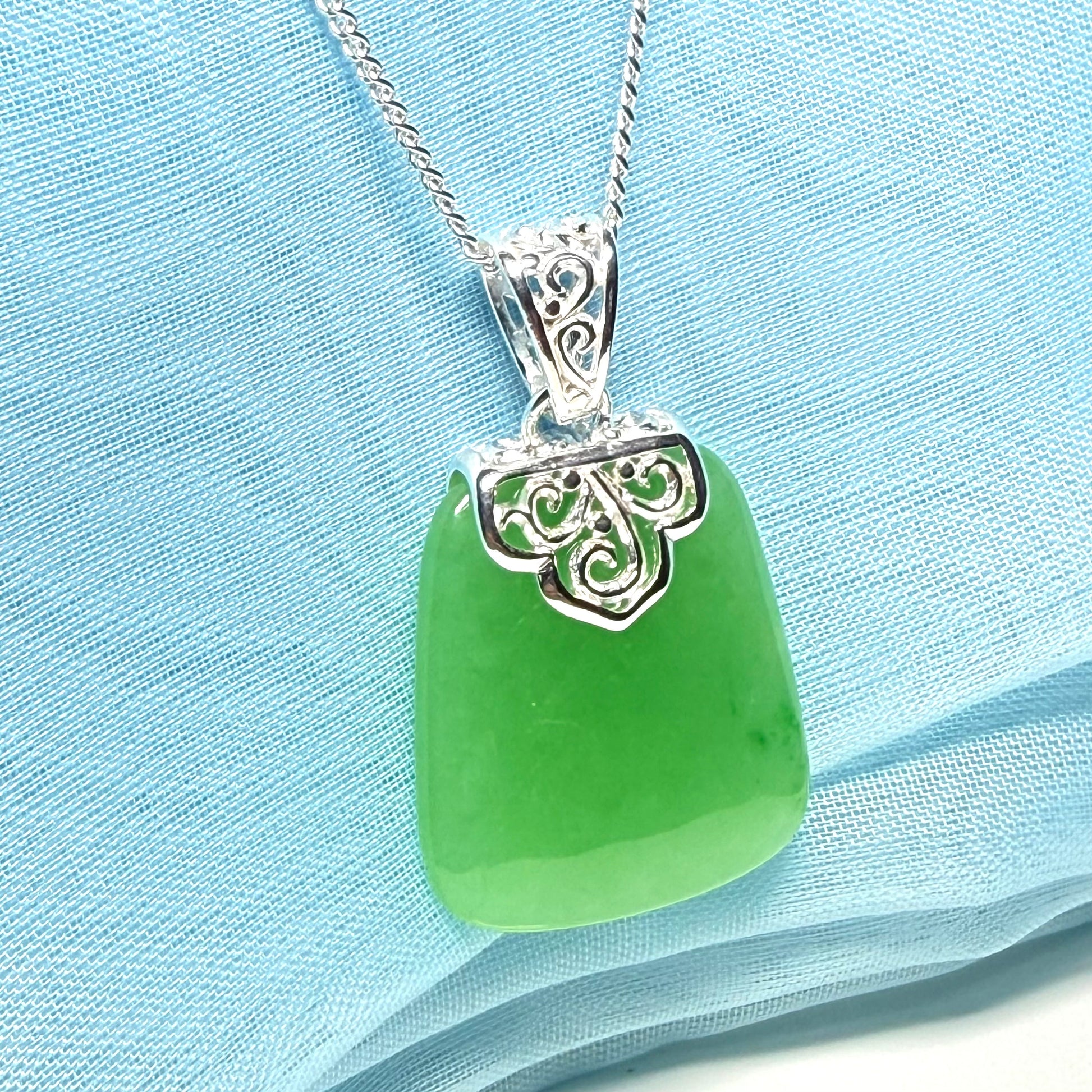 Real green jade stone, large cushion shaped necklace, a truly stunning pendant