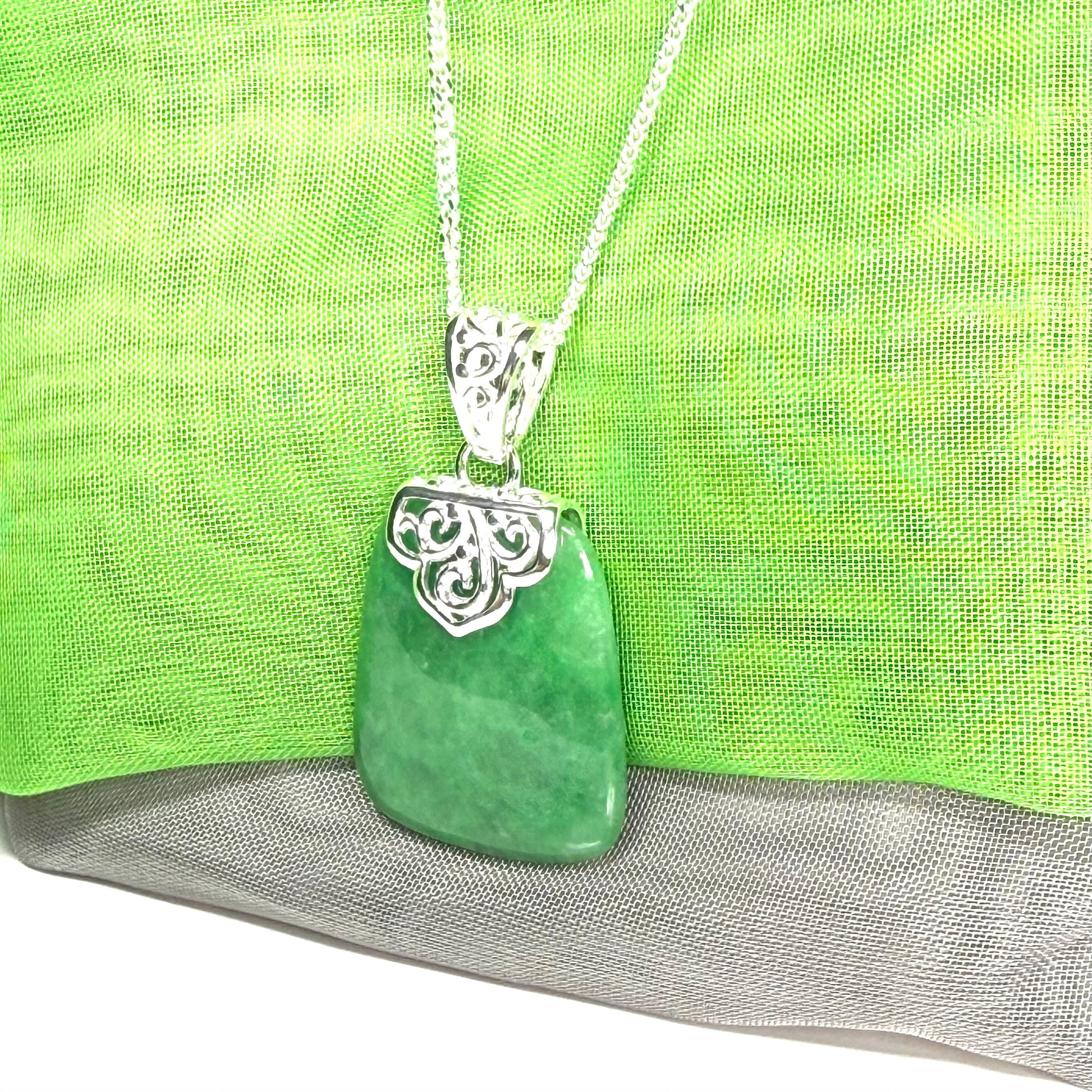 Real green jade stone, large cushion shaped pendant with solid chain and box included