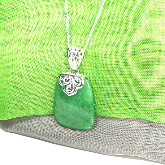 Real green jade stone, large cushion shaped pendant with solid chain and box included