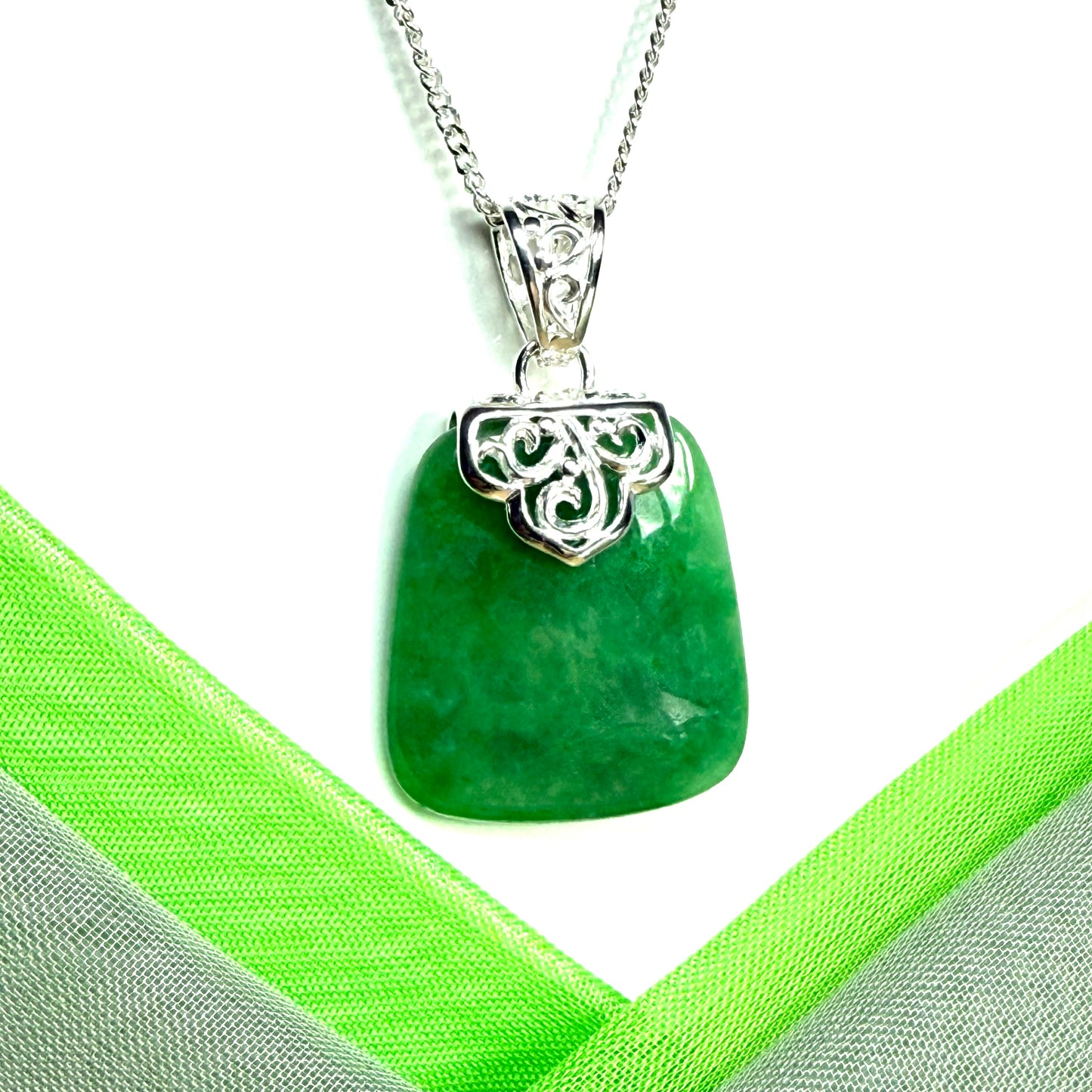 Real green jade stone, large cushion shaped pendant with solid chain and box included