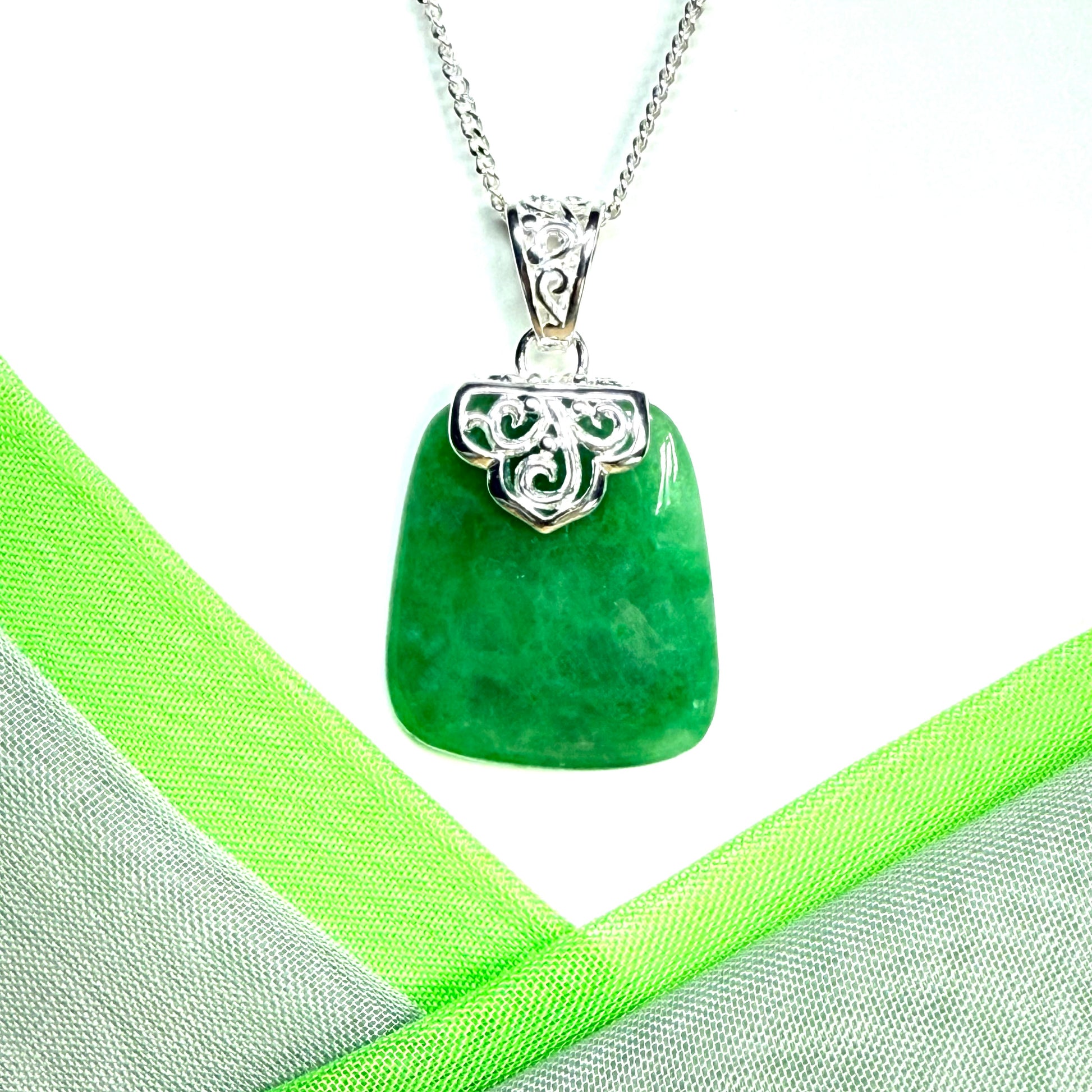 Real green jade stone, large cushion shaped pendant with solid chain and box included