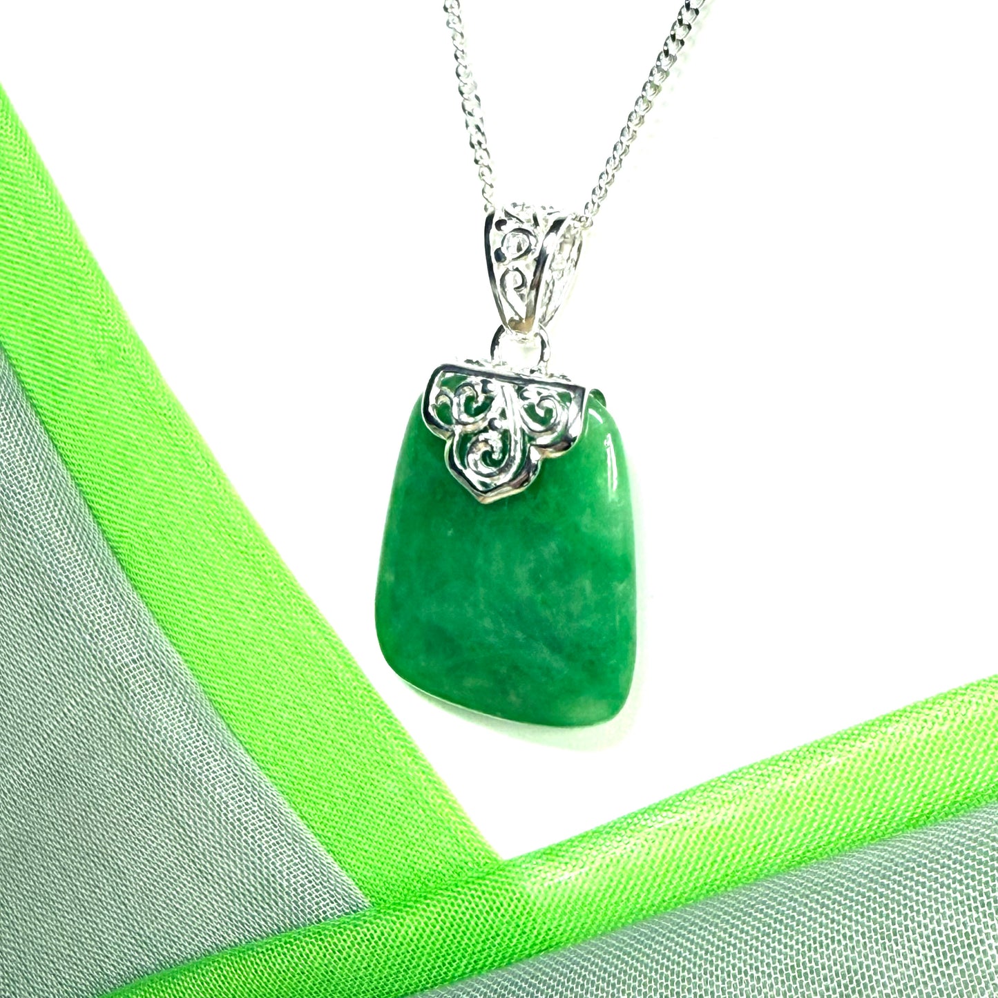 Real green jade stone, large cushion shaped pendant with solid chain and box included