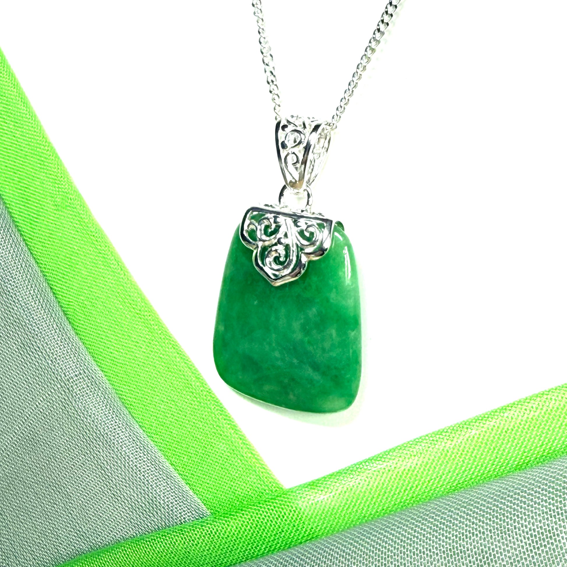 Real green jade stone, large cushion shaped pendant with solid chain and box included