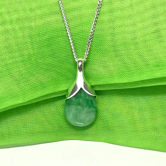 Real green jade tear drop sterling silver pear or teardrop shape pendant, a timeless design