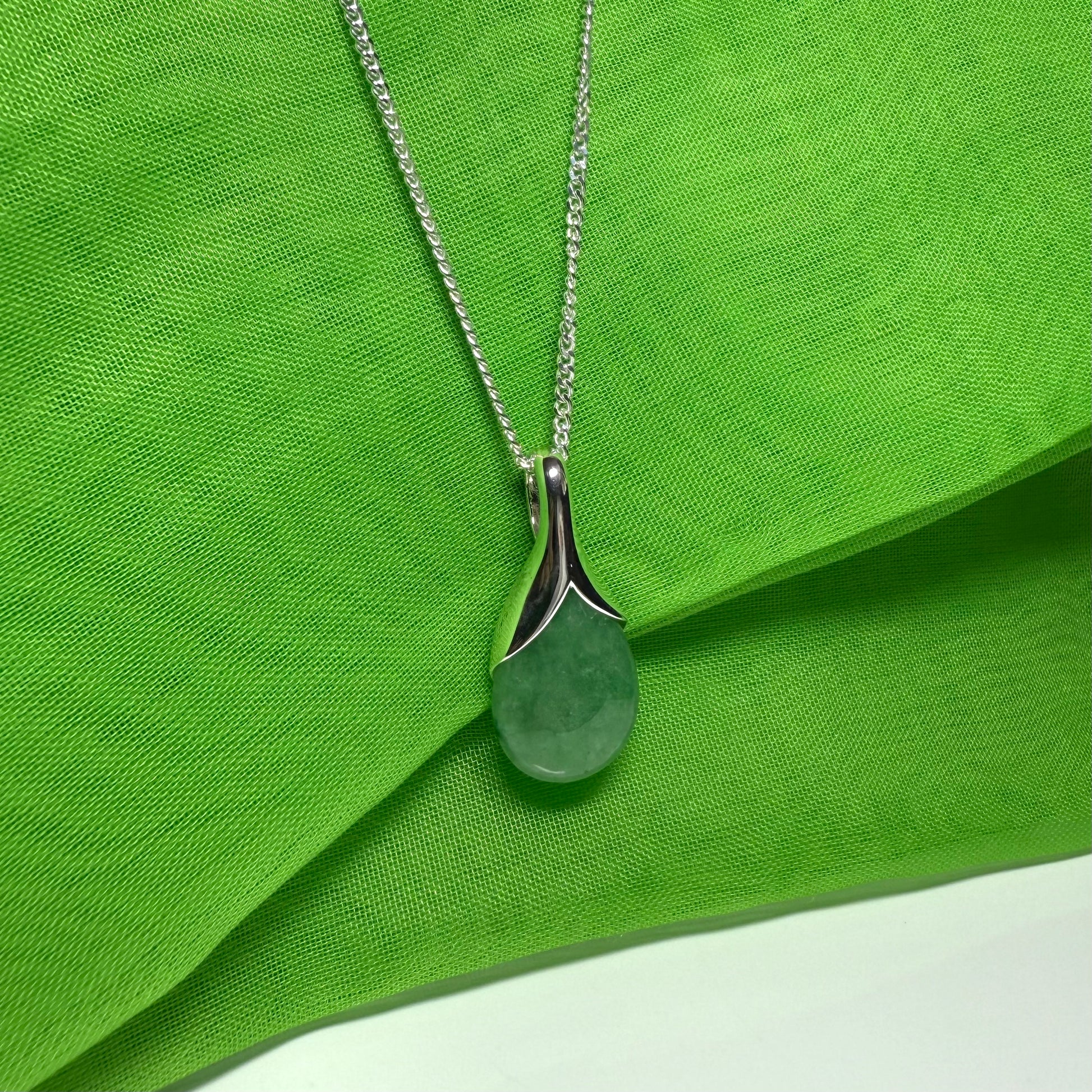 Real green jade pendant teardrop sterling silver pear shaped necklace