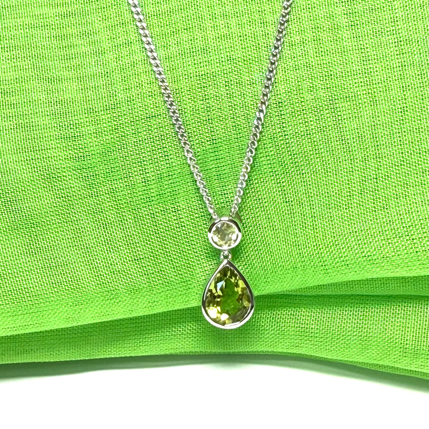Real green peridot necklace double round and pear teardrop fancy sterling silver pendant with chain