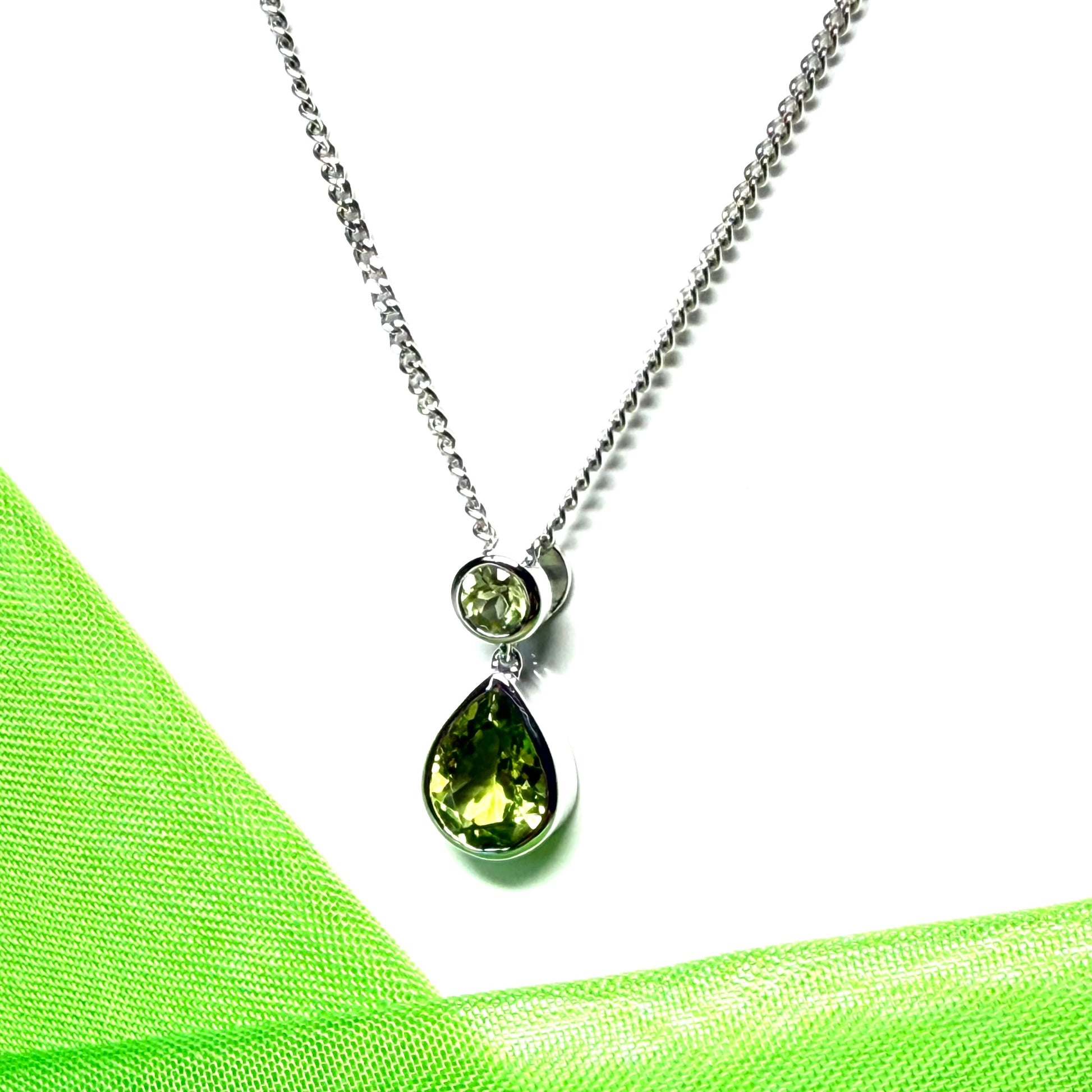 Real green peridot necklace double round and pear teardrop fancy sterling silver pendant
