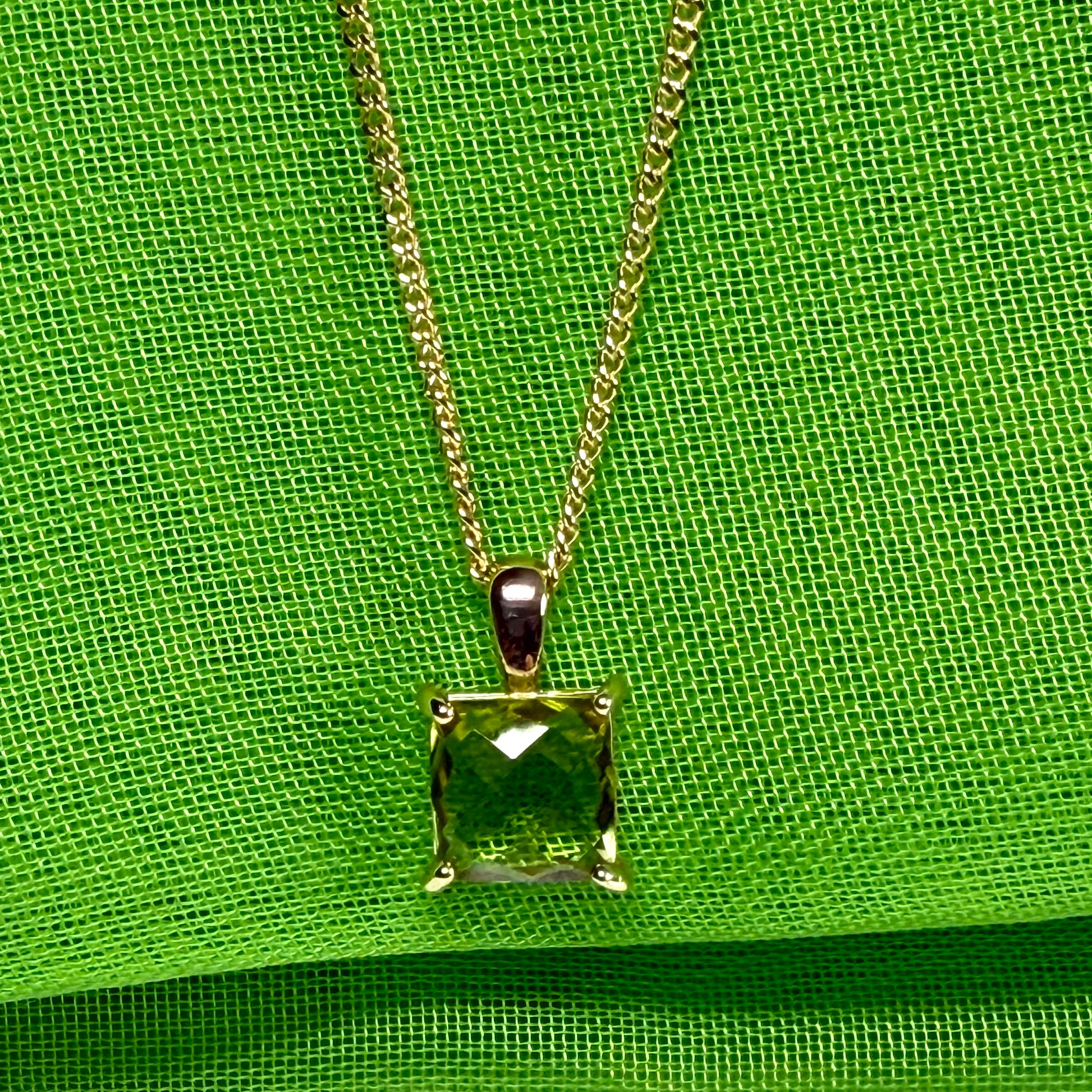 Real green peridot necklace square shaped yellow gold pendant