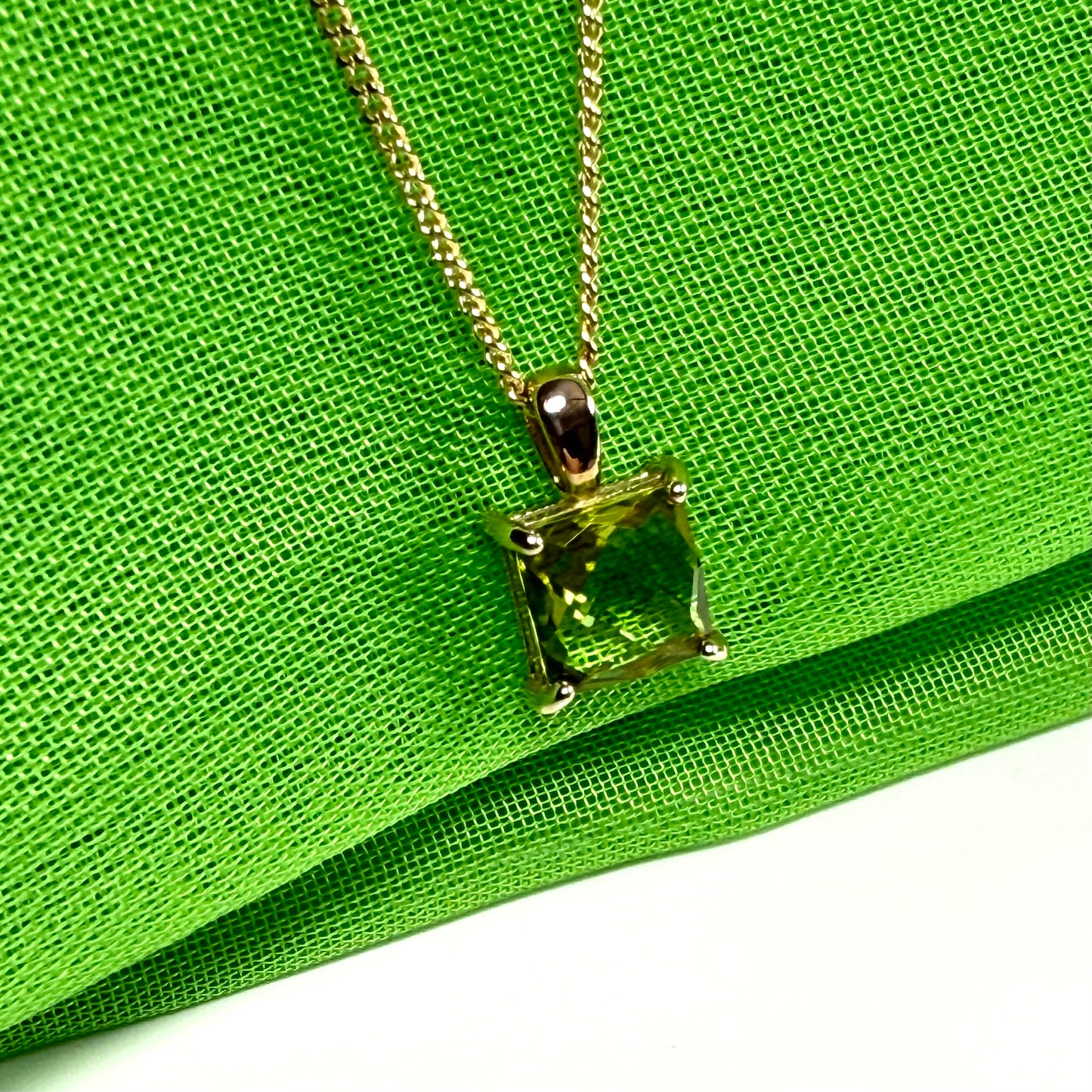 Real green peridot necklace square shaped yellow gold pendant with a chain