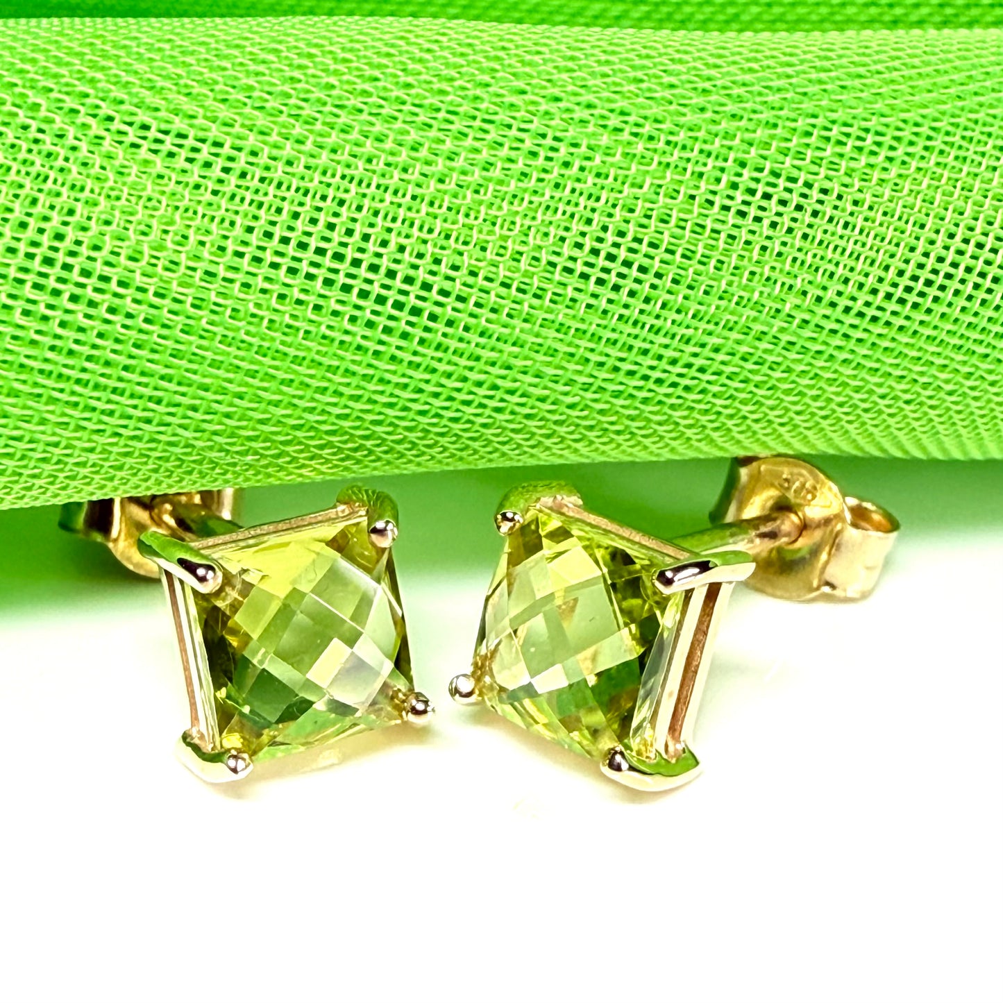 Real green peridot square cut stud earrings yellow gold