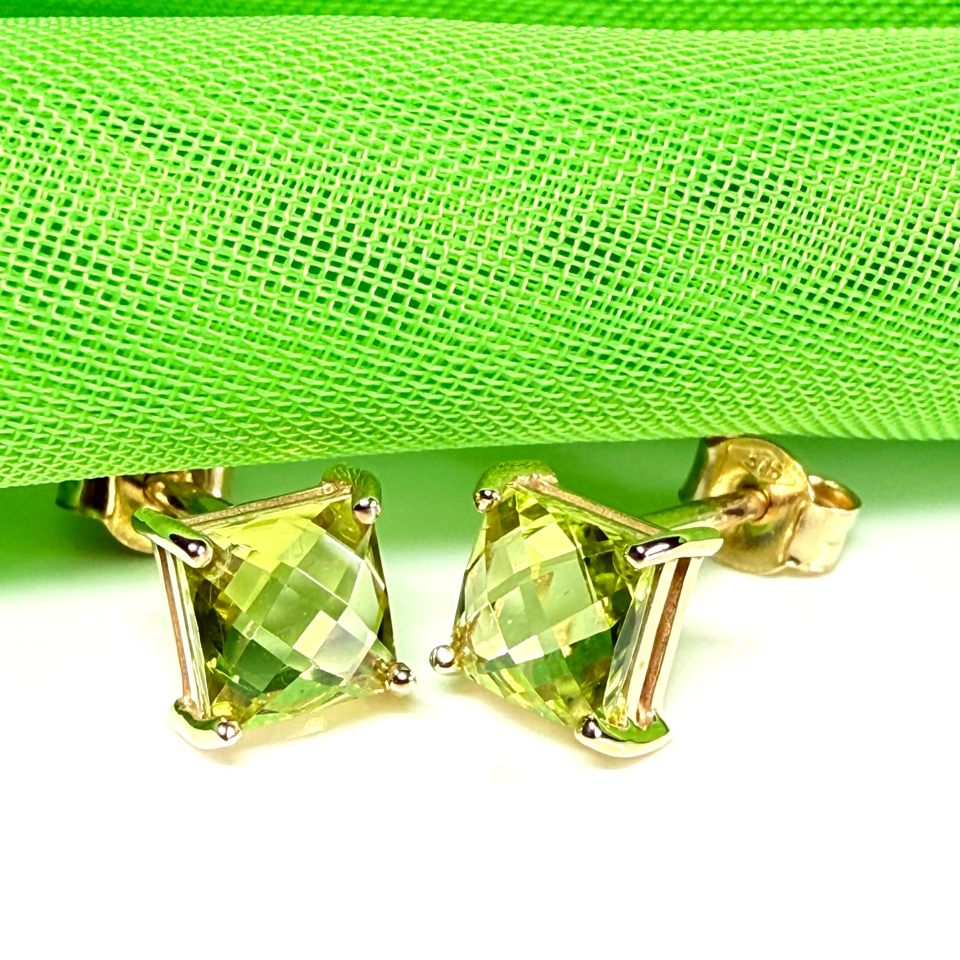 Real green peridot square cut stud earrings yellow gold