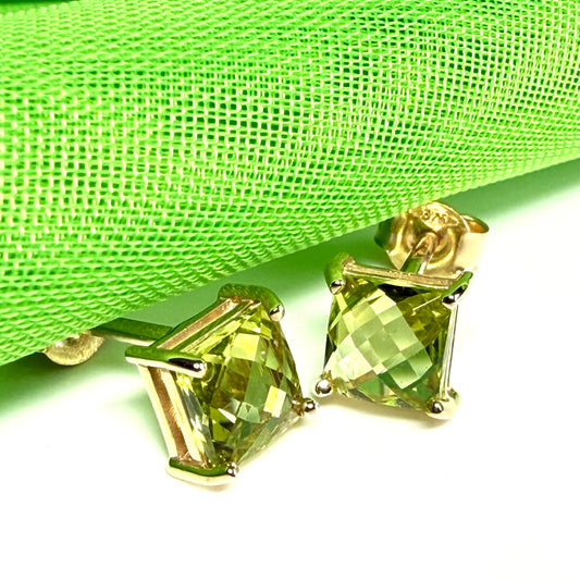 Real green peridot square cut stud earrings yellow gold