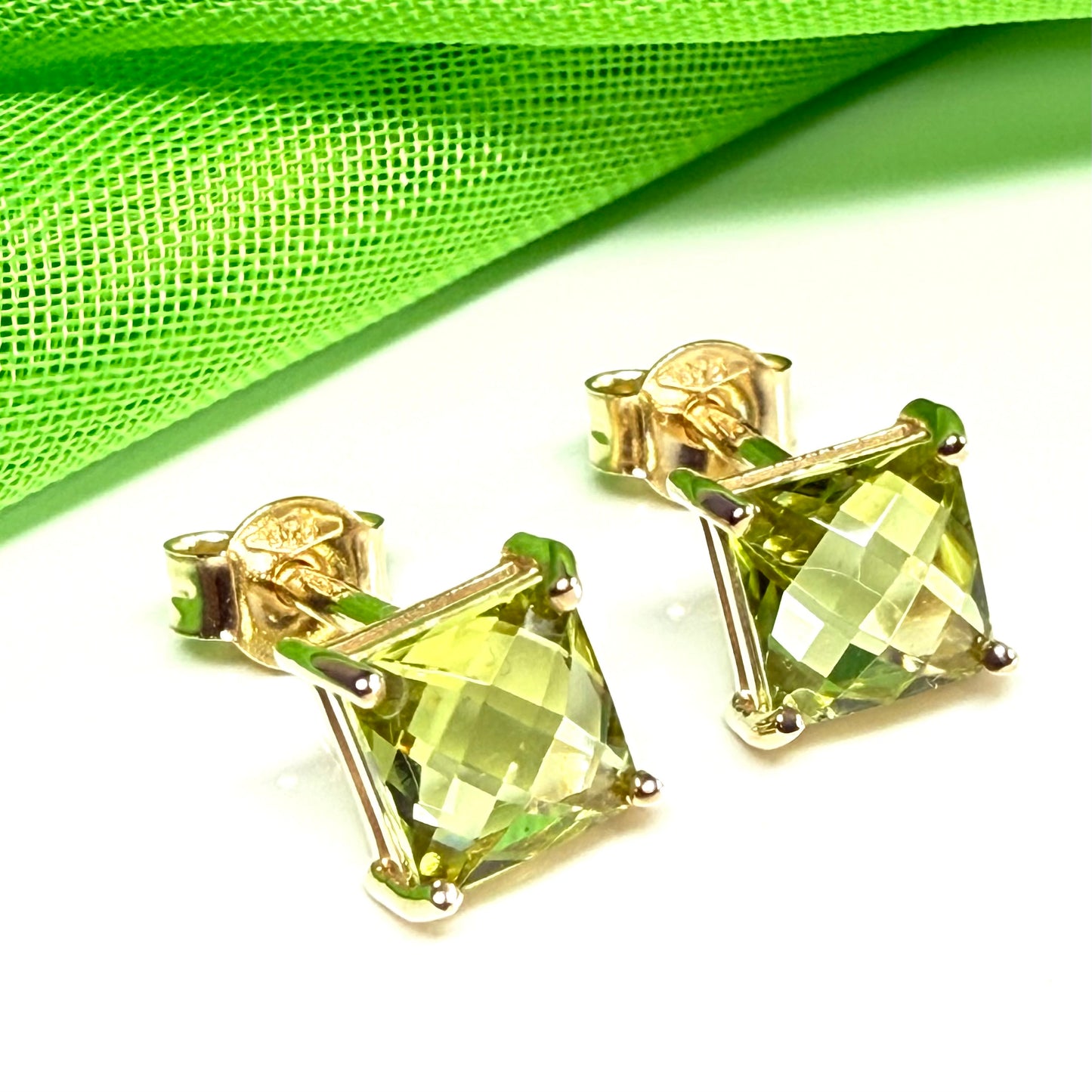 Real green peridot square cut stud earrings yellow gold