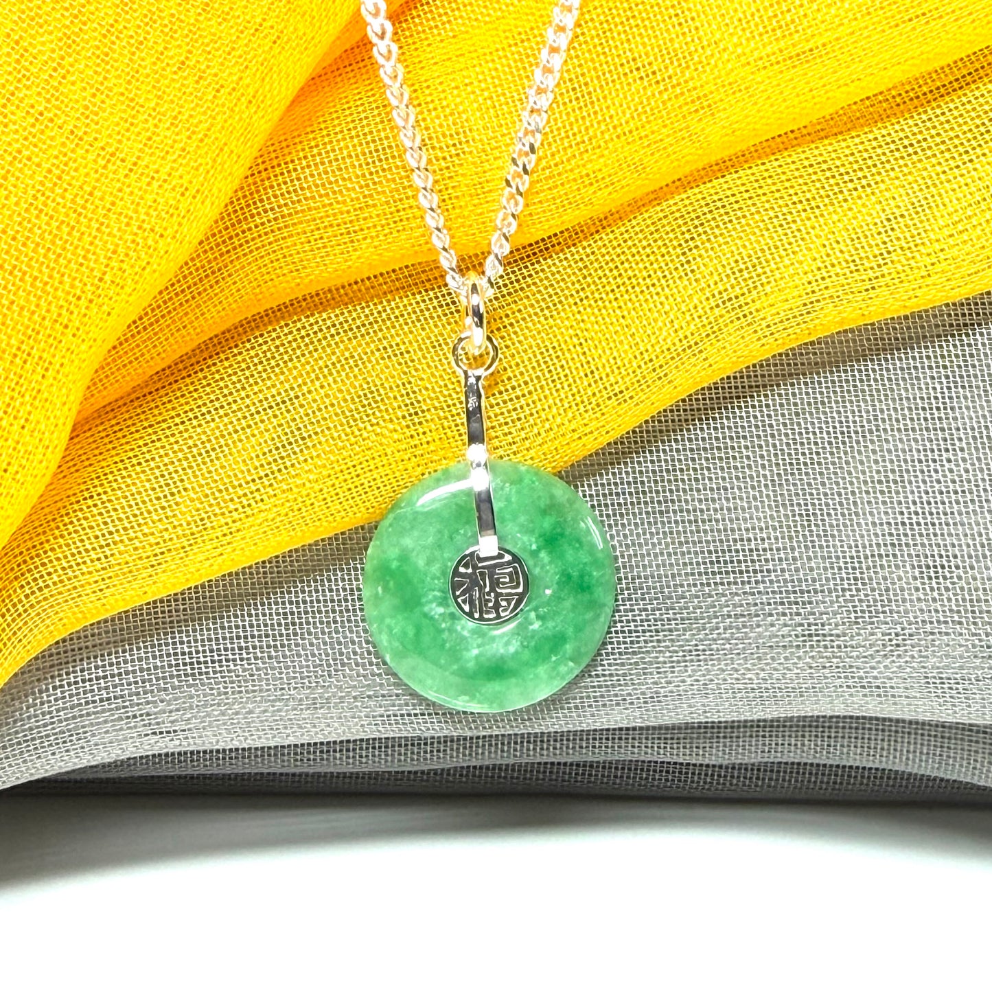 Real green round jade necklace sterling silver pendant, simply stunning